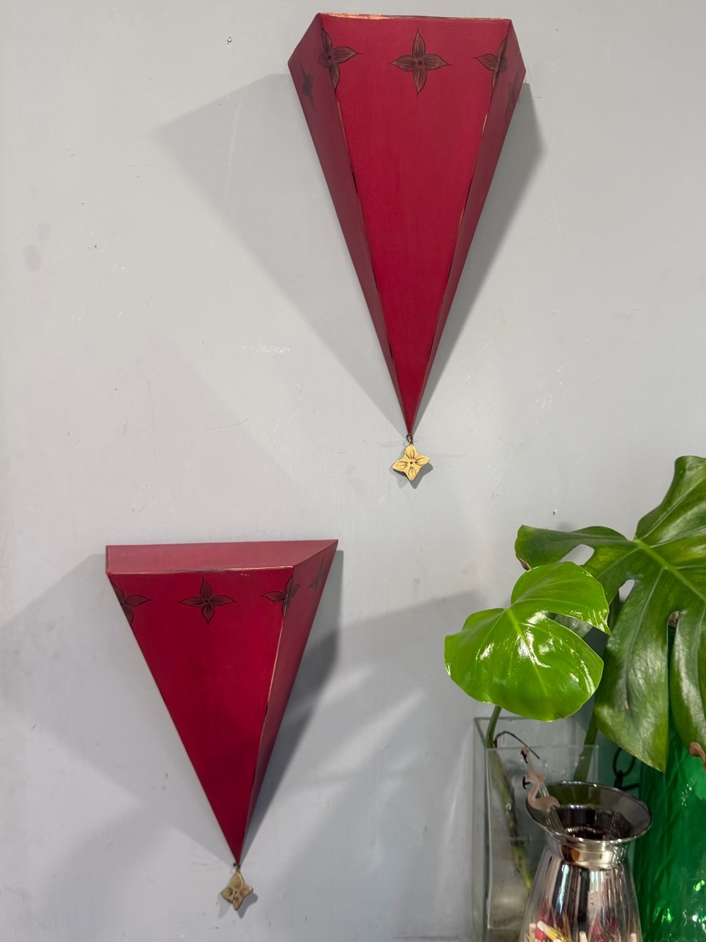 Metal Wall Shelves Christmas Decor Red Gold Sconce Pair Retired SLAH 1990s Boho